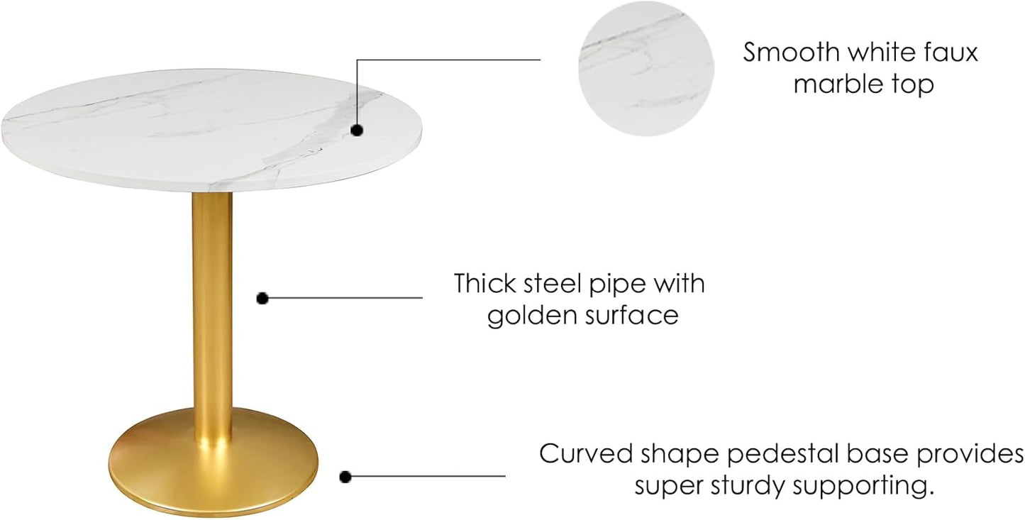 Round Modern Dinning Table 30 inches Bistro Tulip Table with White Faux Marble top Gold Sturdy Metal Frame,Easy Assemble,Diameter 30in*H28.54in