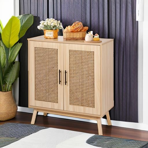 Rengue Sideboard Buffet Cabinet with Rattan Decorated Doors - Accent Cabinet Cupboard Console Table for Hallway, Entry, Living Room, Natural