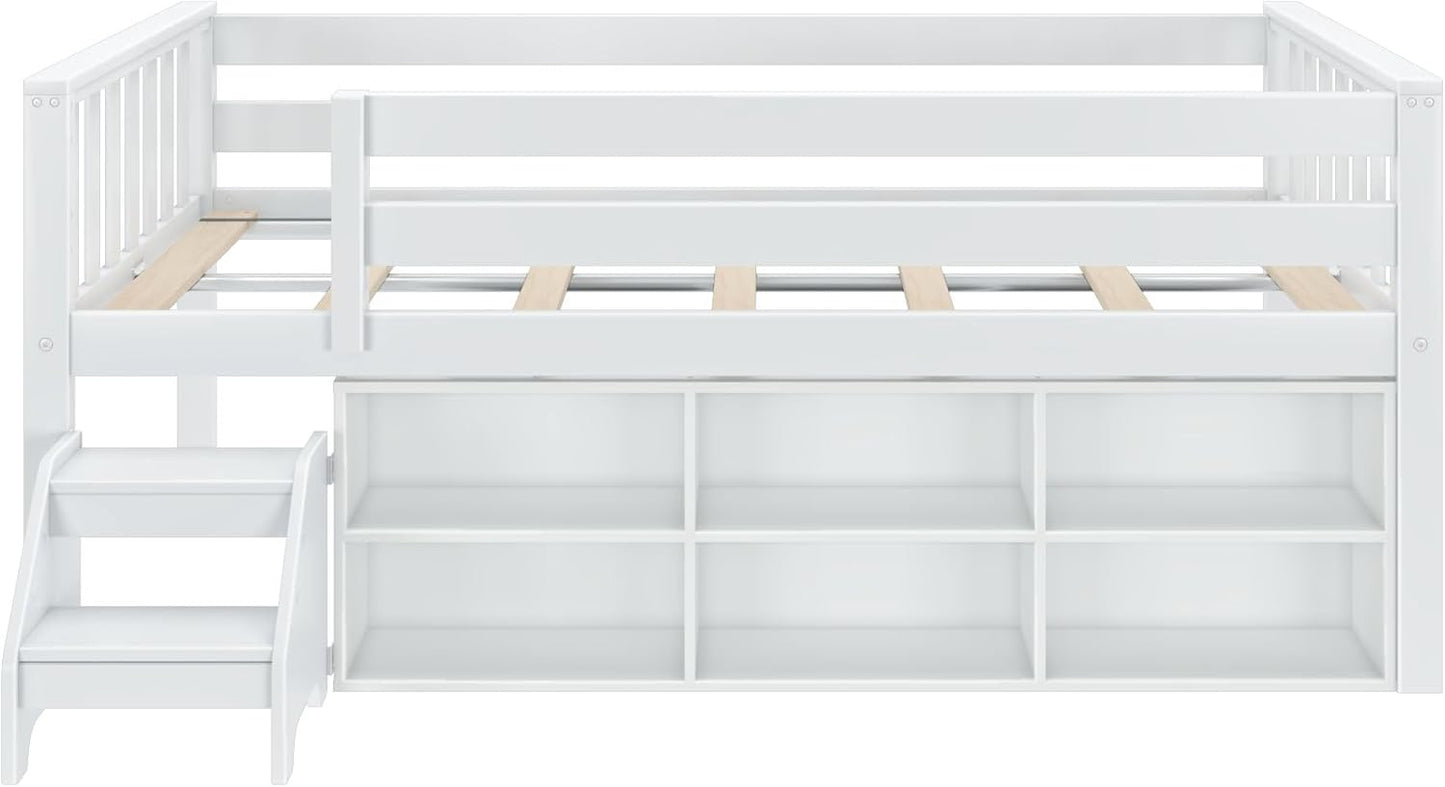 Max & Lily Soren Ultra Low Loft Bed, Twin Bed Frame for Kids with Bookcase, White