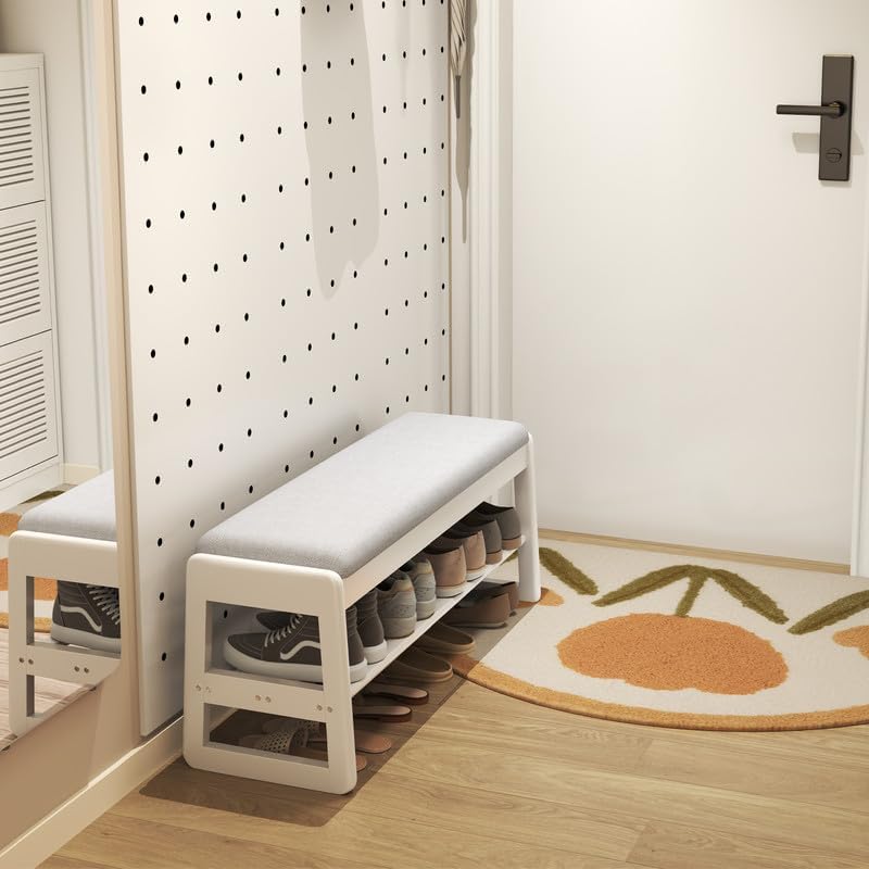 Shoe Rack Bench with Cushion,2 Tiers Shoe Bench with Flip-Top Storage,Wood Shoe Rack for Entryway,Hallway（White,39.3"）