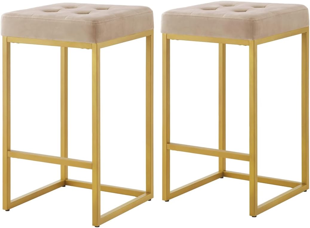 24KF Contemporary Counter Height Bar Stool Set of 2 for Kitchen Island, 26" H Velvet Padded Gold Barstool Bar Chair,5066-Taupe