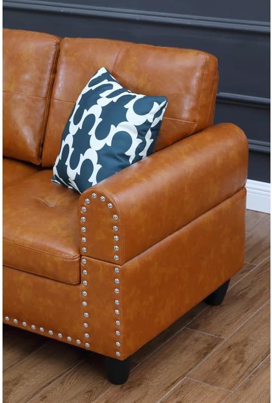 Ball & Cast 98" L Shaped Sectional Couch for Living Room with Chaise & Nailhead Trim,4 Seat Faux Leather Upholstered Modular Sectional Sofa Set 2 PCS W/Cup Holder & Coffee Table,for Home,Office,Ginger