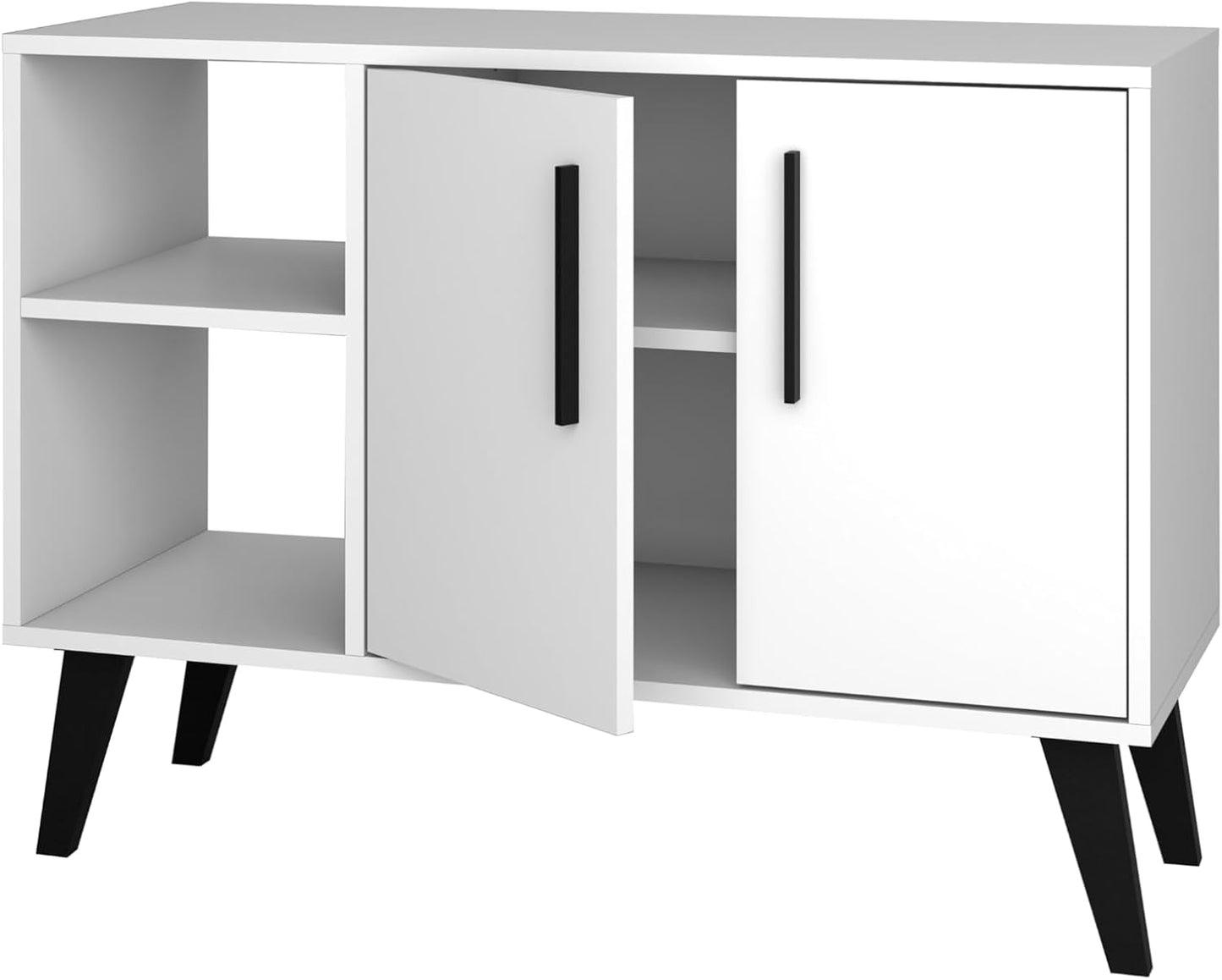 Manhattan Comfort Amsterdam Mid Century Modern Sideboard with 2 Open Cubby Spaces & 2 Concealed Shelves, Versatile and Functional Buffet Cabinet, Media Console for 32'' TV, Matte White