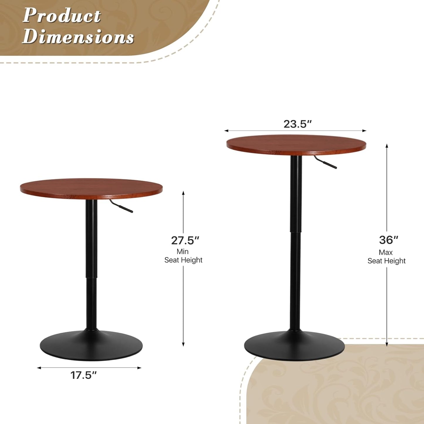 Athena Collection Bar Table with Swivel Top, Round Bistro Pub Bar Height Cocktail Table with Height Adjustable top and Metal Silver Base for Home Outdoor Party Event, Red