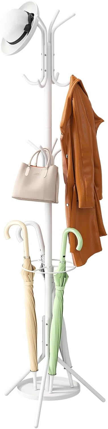 Coat Rack Freestanding Entryway Hanger Stand, Umbrella Holder, Hall Tree With 12 Hooks, Floor Standing Metal Tree Stand, White