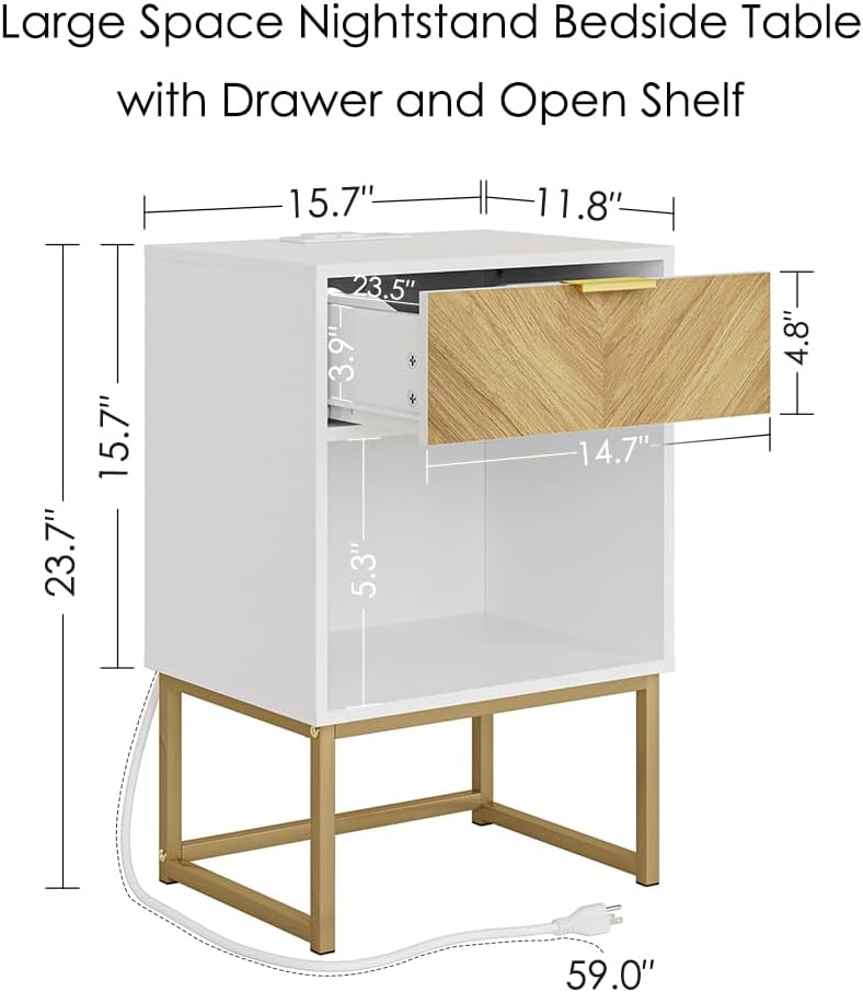 Masupu Nightstand with Charging Station,Modern Night Stand Boho Farmhouse Wood Bedside Table with Storage Drawer Side End Table for Bedroom,Living Room,Office,White with Outlet