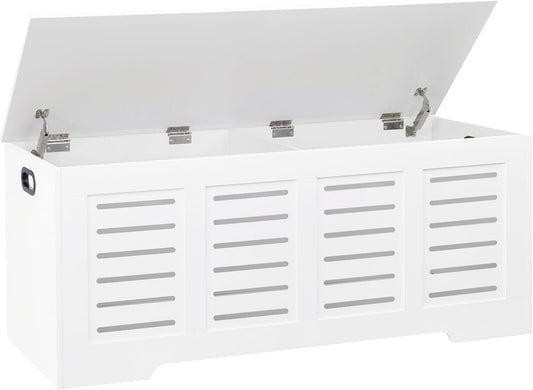 DINZI LVJ Storage Chest, 47.3” Wooden Toy Box with 2 Safety Hinges, Retro Entryway Shoe Storage Bench with Flip-Top, Sturdy Large Storage Trunk for Living Room, Bedroom, Easy Assembly, White