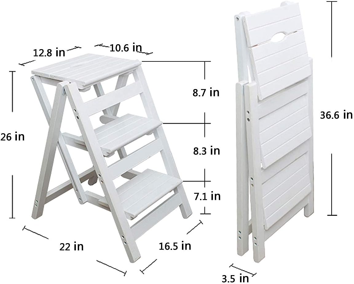 KINGBO Step Stool for Adults/Step Ladder/Counter Chair, 3-Step Folding Portable Wooden Step Stool, Anti-Slip & Lightweight (White)
