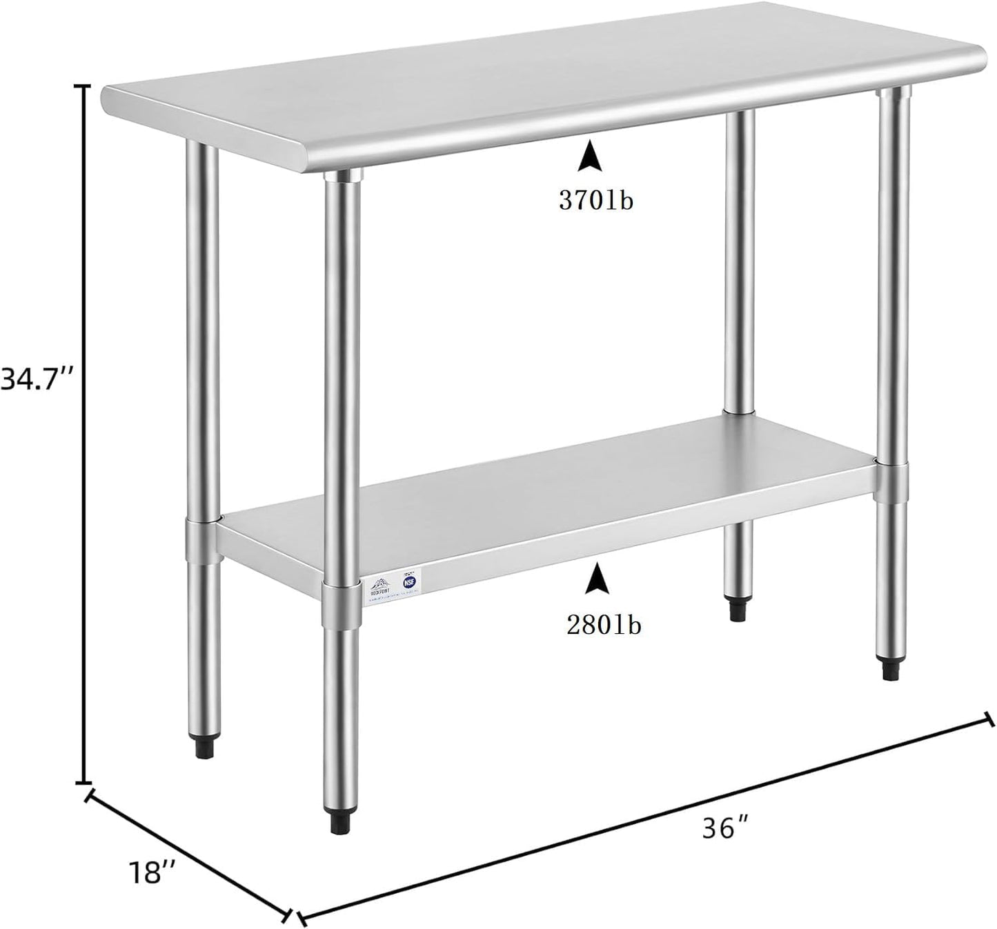ROCKPOINT Stainless Steel Table for Prep & Work 18x36 Inches, NSF Metal Commercial Kitchen Heavy Duty Table with Adjustable Under Shelf and Table Foot for Restaurant, Home and Hotel