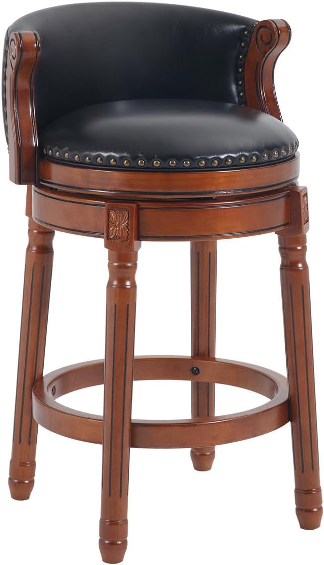 Cow top Leather Wooden Bar Stools, 29.5" Bar Height Bar Chair with Back, 180 Degrees Swivel Barstools Chair for Home Kitchen Counter,Dining Room (Black-1pc, Counter Height-Seat Height 26”)