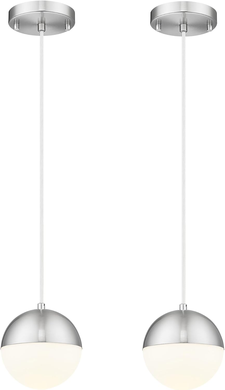 LMS Mid Century Pendant Lights, Brushed Nickel Kitchen Island Light Fixtures with White Globe Glass Shade, Adjustable Hanging Cord, 2-Pack for Home Office Dining Room Bathroom, LMS-186PL-BNWS2PK