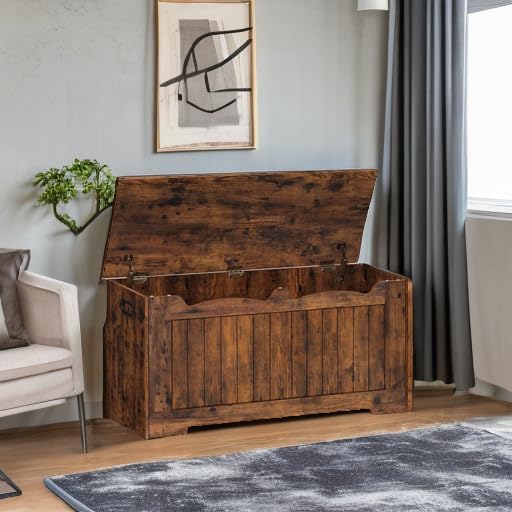 39.4" Storage Chest, Storage Bench Trunk with 2 Safety Hinge, Wooden Box, Lift-Top Chest Organizer, Shoe Bench for Entryway, Bedroom, Living Room, Rustic Brown SB01001X