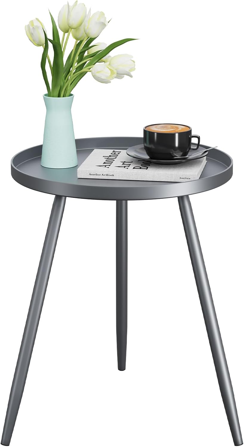 Apicizon 16" Round Side Table, Black End Table for Living Room, Bedside, Mid Century Modern Coffee or Circle Accent Table for Small Spaces, Metal Nightstand (Grey)