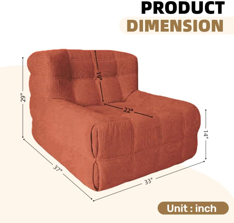 Bean Bag Chair - Memory Foam Bean Bag Chair for Adults, Comfy High-Resilience Single Sofa, Small Space Floor Chair, Chaise Lounge for Living Room, Bedroom (Orange, Square)
