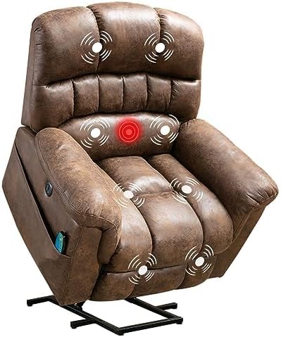 Phoenix Home Large Power Lift Recliner with Massage and Heat for Elderly, Heavy Duty & Safety Motor Reclining Chair, Faux Leather Electric Wider Recliner with USB Ports, 2 Side Pockets, Brown