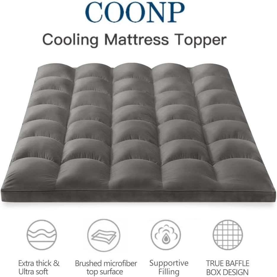 COONP California King Mattress Topper, Extra Thick Pillowtop, Cooling Plush Mattress Pad Cover Bed Topper Protector with 8-21 Inch Deep Pocket (Grey, California King)