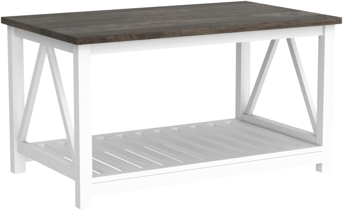 Farmhouse Coffee Table for Living Room, 2-Tier Rectangular Wooden Centre Cocktail Table with Slats Shelf Storage and V-Shaped Frame, Dark Oak