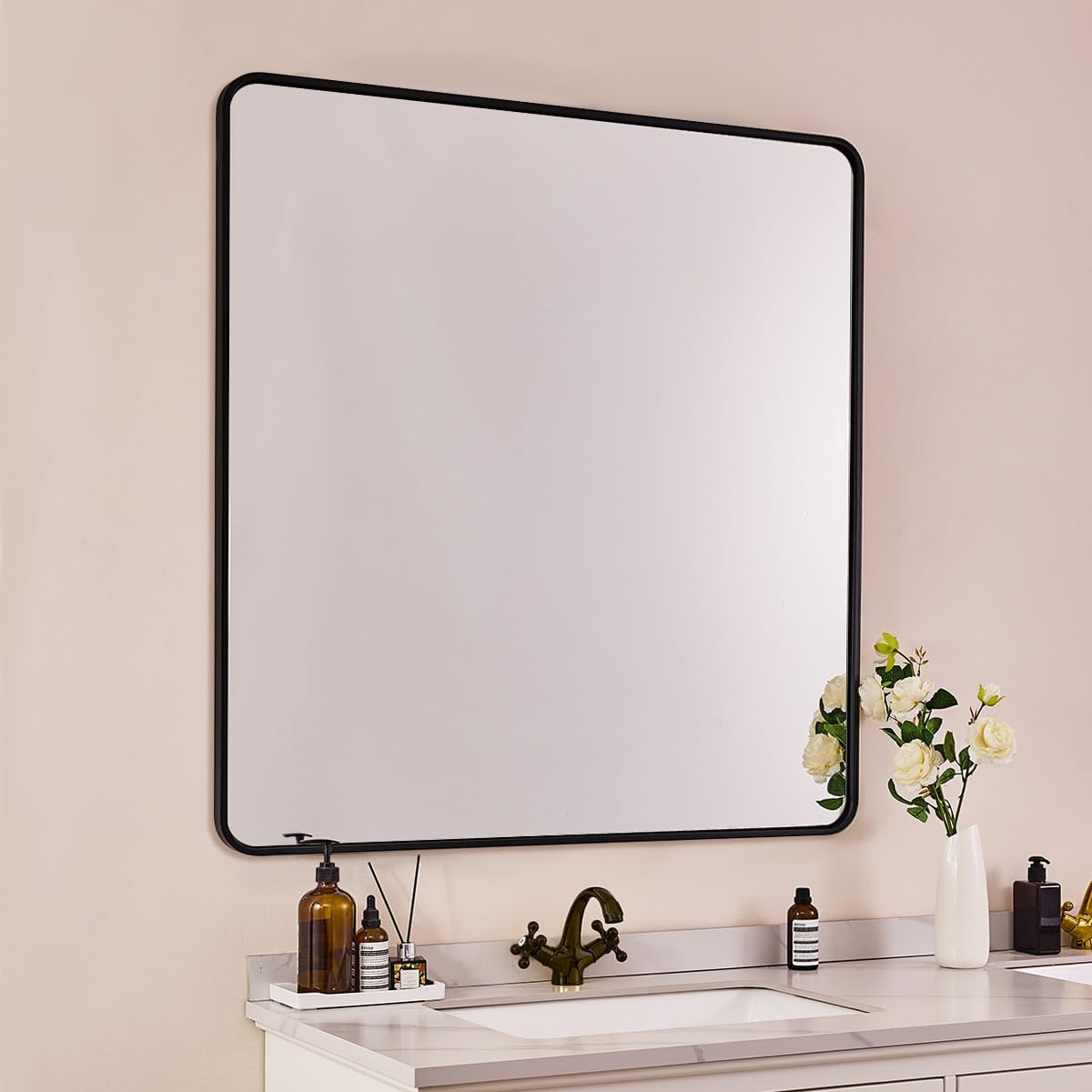 ANDY STAR 40X36 Inch Black Bathroom Mirror, Black Bathroom Vanity Mirrors for Wall, Rounded Rectangle Mirror for Bathroom, Seamless Tube Metal Frame, 1’’ Deep Wall Mounted Vertical/Horizontal