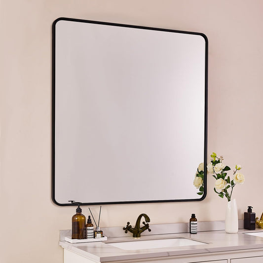 ANDY STAR 40X36 Inch Black Bathroom Mirror, Black Bathroom Vanity Mirrors for Wall, Rounded Rectangle Mirror for Bathroom, Seamless Tube Metal Frame, 1’’ Deep Wall Mounted Vertical/Horizontal