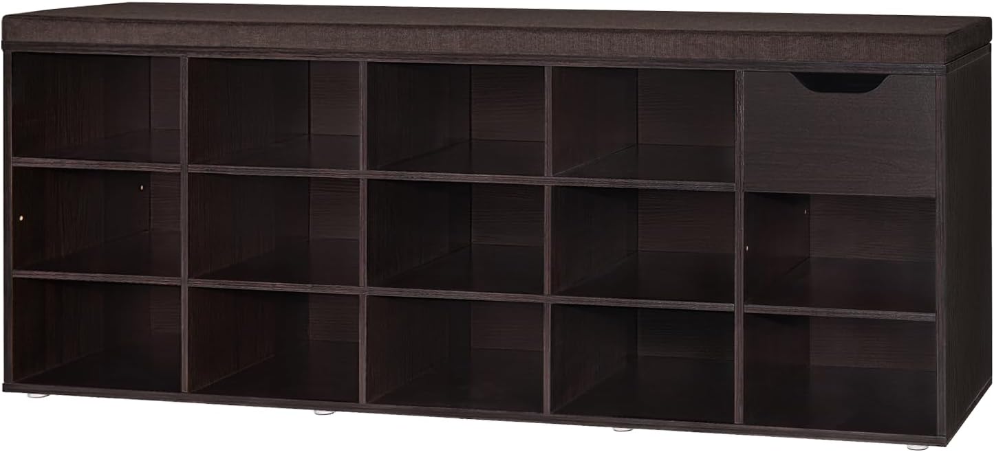 DINZI LVJ Shoe Bench, Entryway Storage Bench with Drawer and 14 Cubbies, Long Cubby Shoe Rack with Adjustable Shelves, Organizer for Living Room, Bedroom, Mudroom, Garage, Espresso