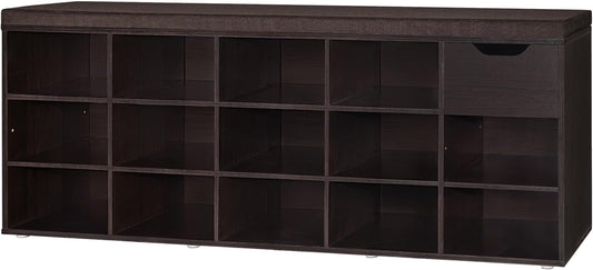 DINZI LVJ Shoe Bench, Entryway Storage Bench with Drawer and 14 Cubbies, Long Cubby Shoe Rack with Adjustable Shelves, Organizer for Living Room, Bedroom, Mudroom, Garage, Espresso
