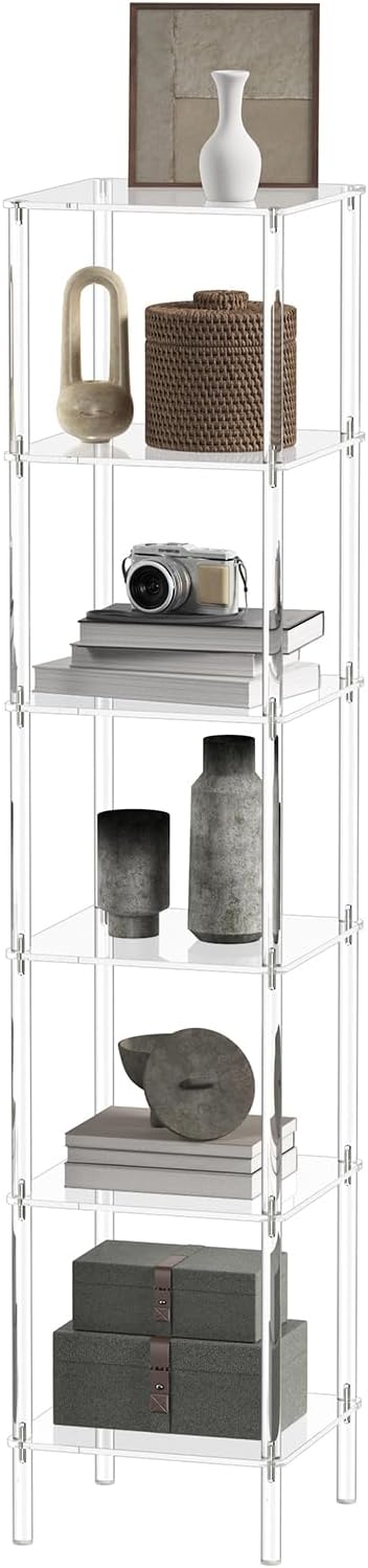 6 Tier Square Acrylic Bookshelf, Small Bookcase with Acrylic Fittings for Fixing to Wall, Corner Display Shelf for Living Room, Bedroom, Bathroom, Small Spaces, Clear, 11.6'' W x 53.9'' H