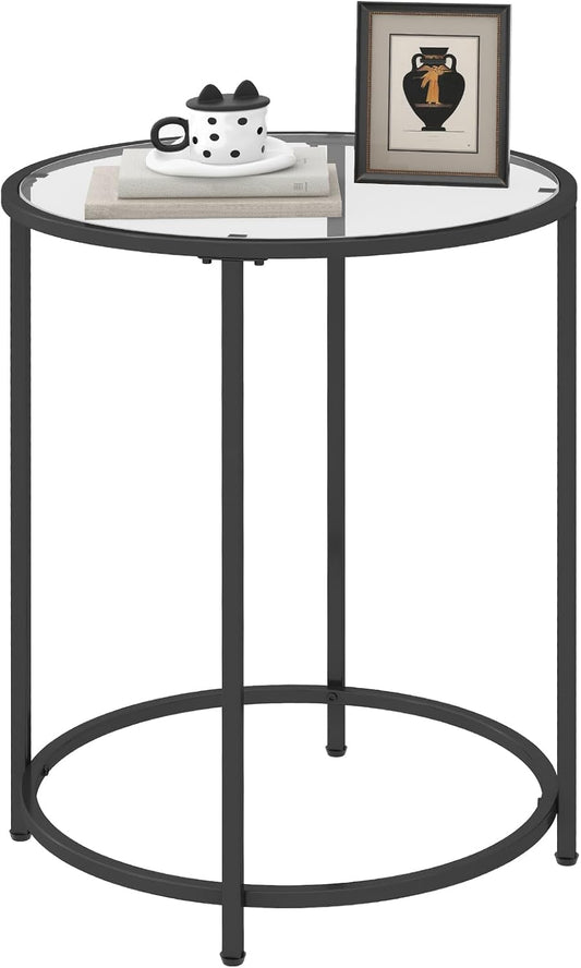 19.7’’ Round Glass End Table, Round Bedside Table with Tempered Glass Top, Black Glass Side Table with Metal Frame, Modern Round End Table for Living Room Balcony Bedroom Porch Patio