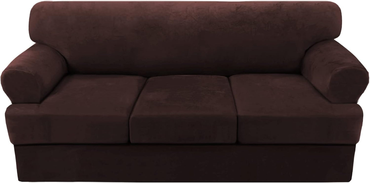 H.VERSAILTEX Sofa Cover 4 Piece T Cushion Sofa Slipcovers Thick Velvet Couch Cover Furniture Protector Stretch T Cushion Sofa Covers for 3 Cushion Couch with 3 Individual T Cushion Covers, Brown