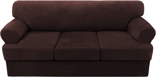 H.VERSAILTEX Sofa Cover 4 Piece T Cushion Sofa Slipcovers Thick Velvet Couch Cover Furniture Protector Stretch T Cushion Sofa Covers for 3 Cushion Couch with 3 Individual T Cushion Covers, Brown