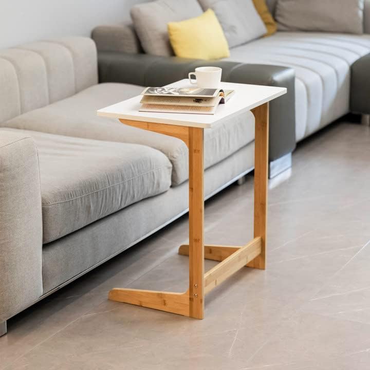 Forevich Bamboo Modern Tv Trays Table for Eating, Wood Couch Table End Snack Desk Sofa Side Table L Shaped White