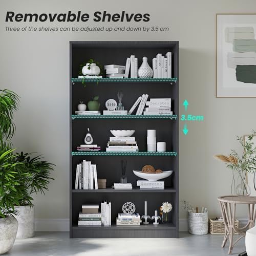 Bookshelf, 5 Wooden Book Shelf Bookcase with Freestanding Display Storage, Open Modern Bookshelf for Bedroom, Living Room, Dinning Room, Office, 60 Inch, Deep Gray