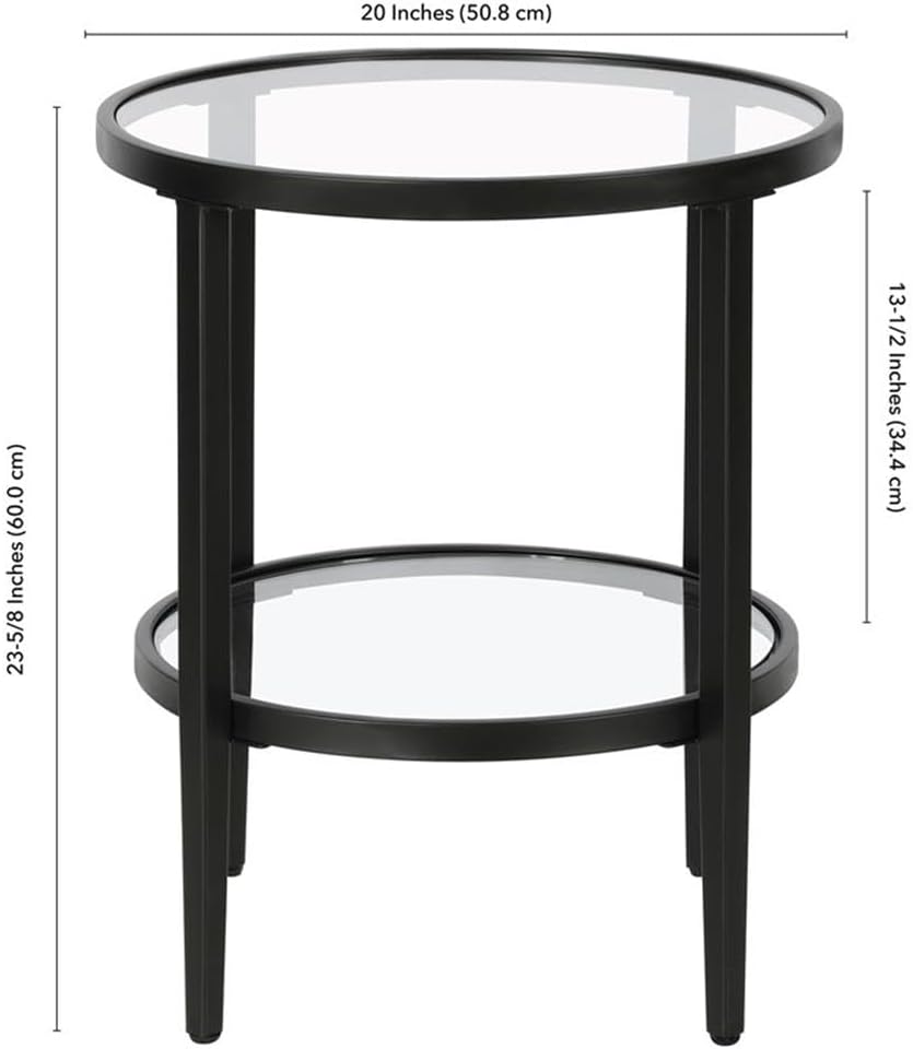Henn&Hart 20" Wide Round Side Table with Glass Shelf in Blackened Bronze, Table for Living Room, Bedroom