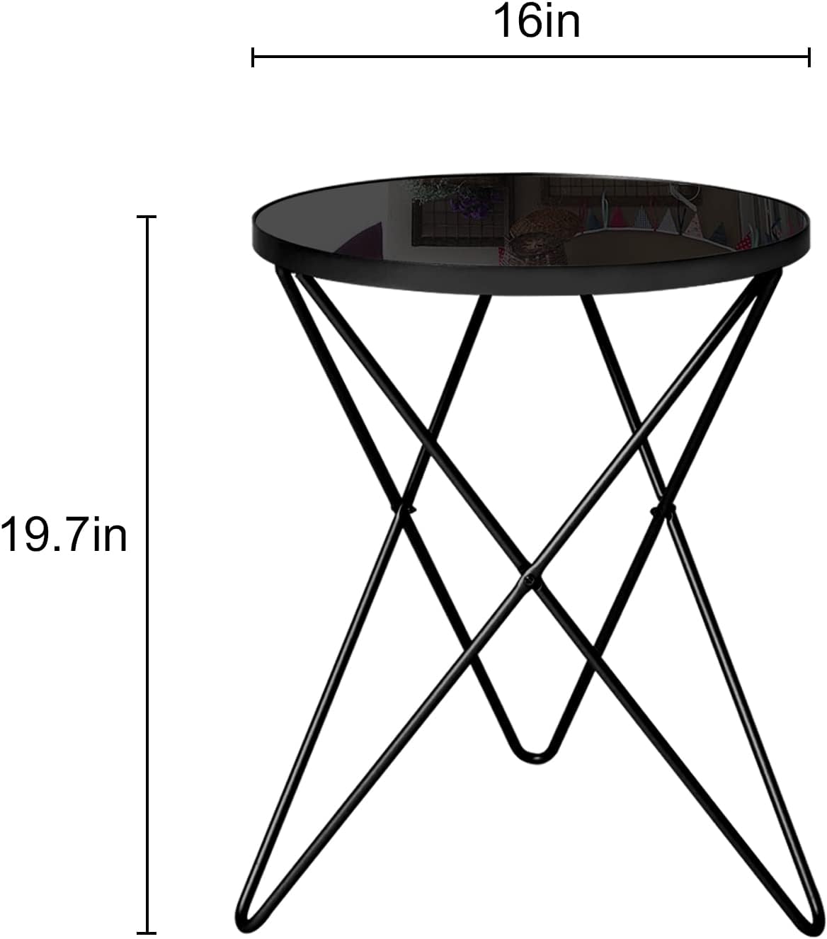 HLR Modern Round Side Table, End Table with Marble Effect Top and Gold Metal Frame, Small Side Table for Living Room, Bedroom, Sofa and Couch, Black Legs, Black Glass top