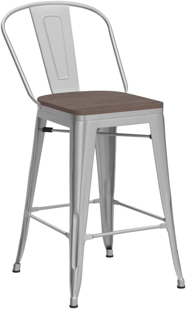 Yongqiang 24 inch Bar Stools Set of 4 High Back Kitchen Counter Height Bar Chairs Silver Metal Barstools with Large Wooden Seat