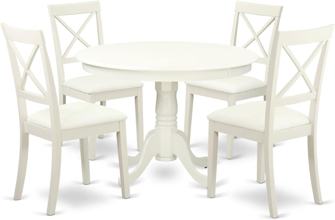 East West Furniture HLBO5-LWH-LC 5 Piece Dining Set Includes a Round Dining Room Table with Pedestal and 4 Faux Leather Upholstered Chairs, 42x42 Inch, Linen White