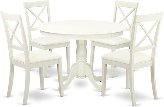 East West Furniture HLBO5-LWH-LC 5 Piece Dining Set Includes a Round Dining Room Table with Pedestal and 4 Faux Leather Upholstered Chairs, 42x42 Inch, Linen White