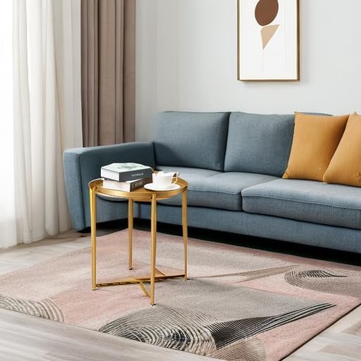 danpinera Gold Side Table, End Table for Small Spaces Outdoor Desk Round Metal Patio Coffee Nightstand Waterproof Removable Tray Desk for Living Room Bedroom Balcony Office