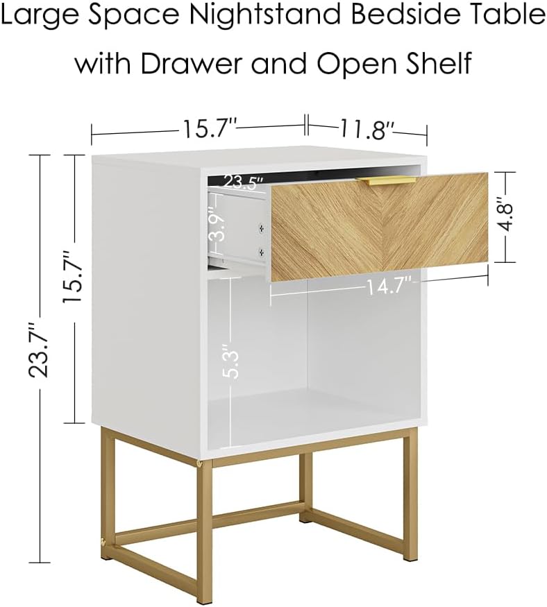 Masupu Nightstand,Modern Night Stand Boho Farmhouse Wood Bedside Table with Storage Drawer Side End Table for Bedroom,Living Room,Office,White