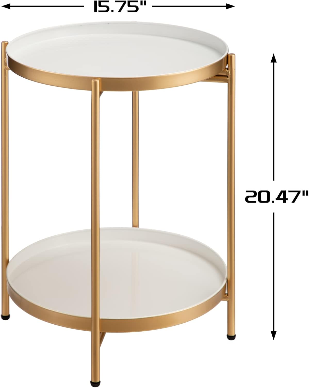HollyHOME 2-Tier Round Gold Side Table, Outdoor Small Folding Accent Stand with Removable Tray, Anti-Rust Metal Asional Table for Balcony Patio Living Room, Nightstand for Bedroom(Gold&White)