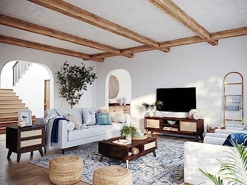 Bme Jasper Deluxe Solid Wood Rattan Nightstand Fully Assembled - Mid Century Modern Side Table with 2 Drawers - Multipurpose use for Living Room, Bedroom - Walnut