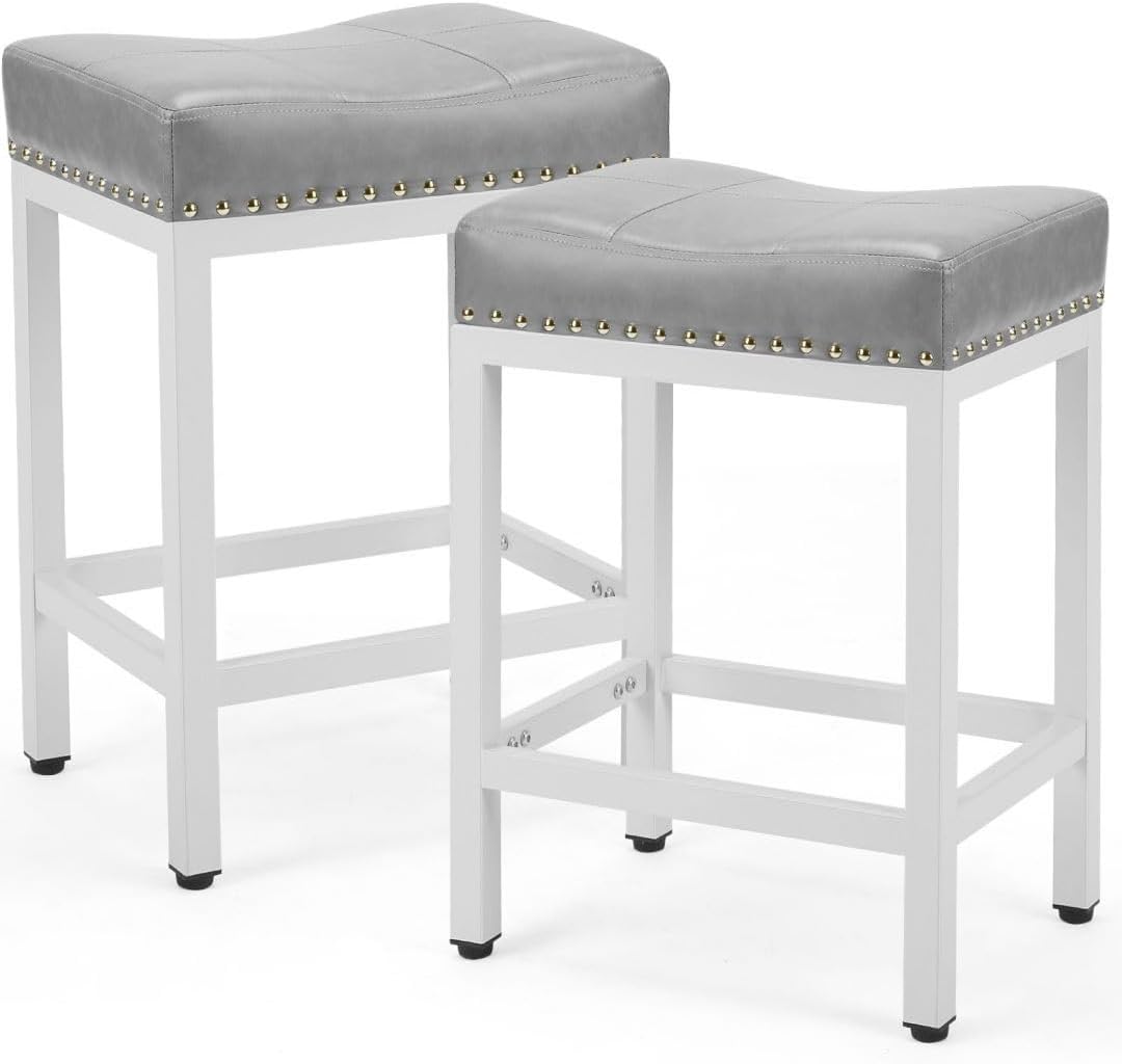 Counter Stools Set of 2 Upholstered Counter Height Bar Stools with Padded Seats and Metal Base, Leather Saddle Stool for Modern Kitchen Island, 22.4-Inch, Grey