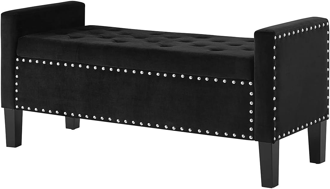 24KF Velvet Modern Upholstered Tufted Button Storage Bench with Arms for Bedroom,Entryway Living Room Soft Padded Seat-Black
