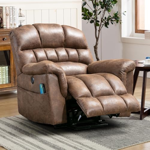 Phoenix Home Large Power Lift Recliner with Massage and Heat for Elderly, Heavy Duty & Safety Motor Reclining Chair, Faux Leather Electric Wider Recliner with USB Ports, 2 Side Pockets, Brown