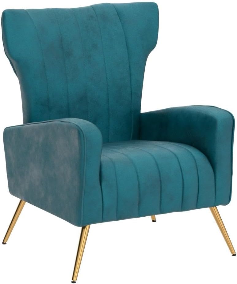 Container Furniture Direct Modern Velvet Accent Chair, Channel Tufted Bedroom, Office or Living Room Furniture with Elegant Metal Legs, 26" Wide Armchair, Blueish Green