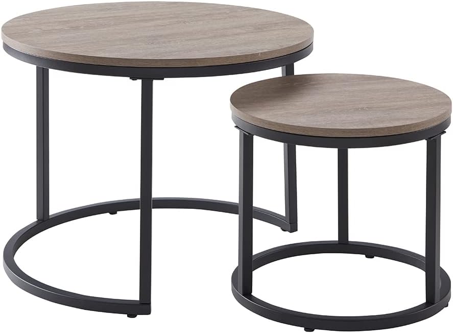 CENSI 24" Round Nesting Table, Accent Coffee Table, French Oak Grey Wood Finish, Space-Saving, Modern Industrial Style