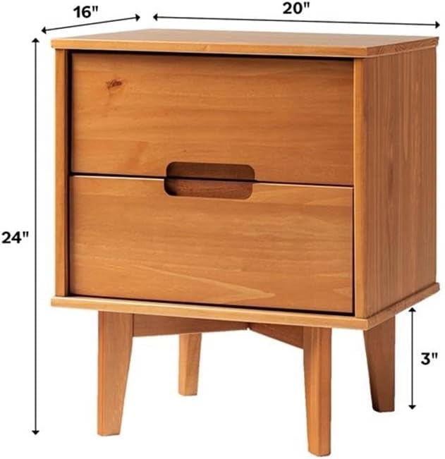 Walker Edison Mid Century Modern Grooved Handle Wood Nightstand Side Table Bedroom Storage Drawer and Shelf Bedside End Table, 2 Drawer, Caramel