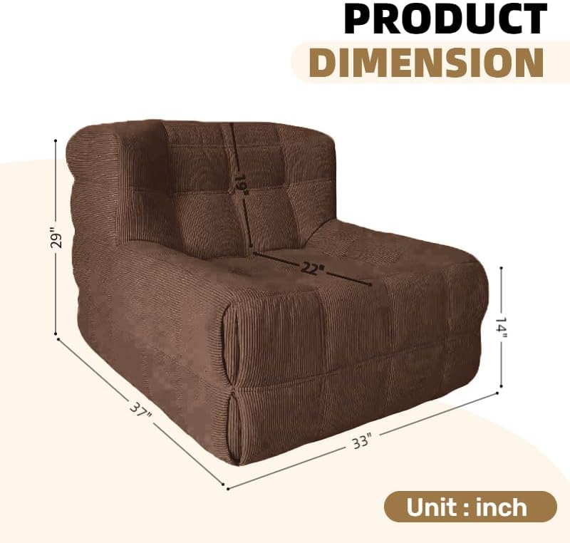 Bean Bag Chair - Memory Foam Bean Bag Chair for Adults, Comfy High-Resilience Single Sofa, Small Space Floor Chair, Chaise Lounge for Living Room, Bedroom (Dark Brown, Square)