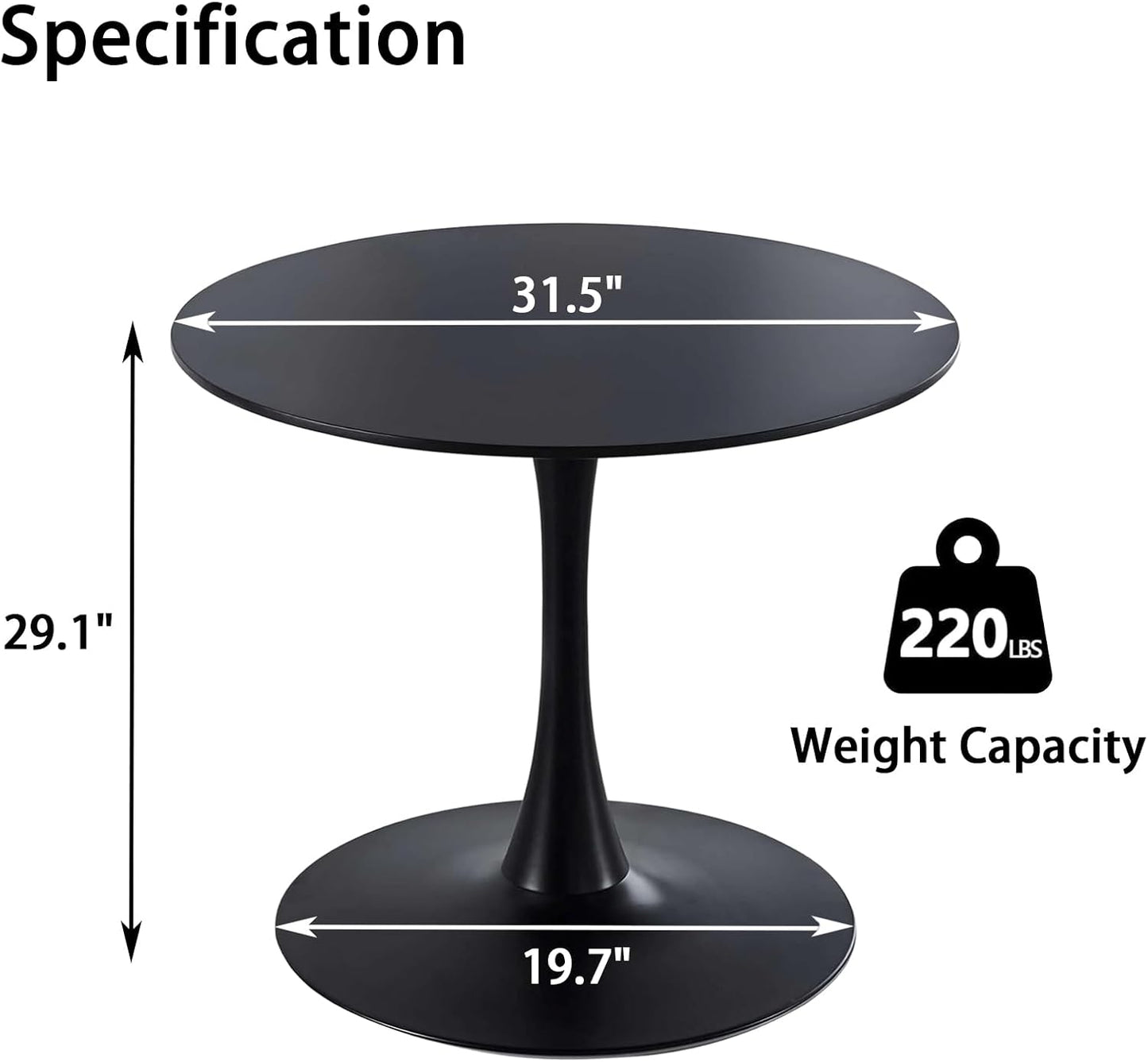 Round Black Dining Table, 31.5" Tulip Table with Pedestal Base, Black Dining Table for 1-4 Person, Mid-Century Leisure Table for Kitchen, Living Room