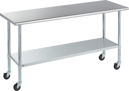 ROCKPOINT Stainless Steel Table for Prep & Work with Caster Wheels 24x72 Inches, NSF Metal Commercial Kitchen Heavy Duty Table with Adjustable Under Shelf and Table Foot for Restaurant, Home and Hotel