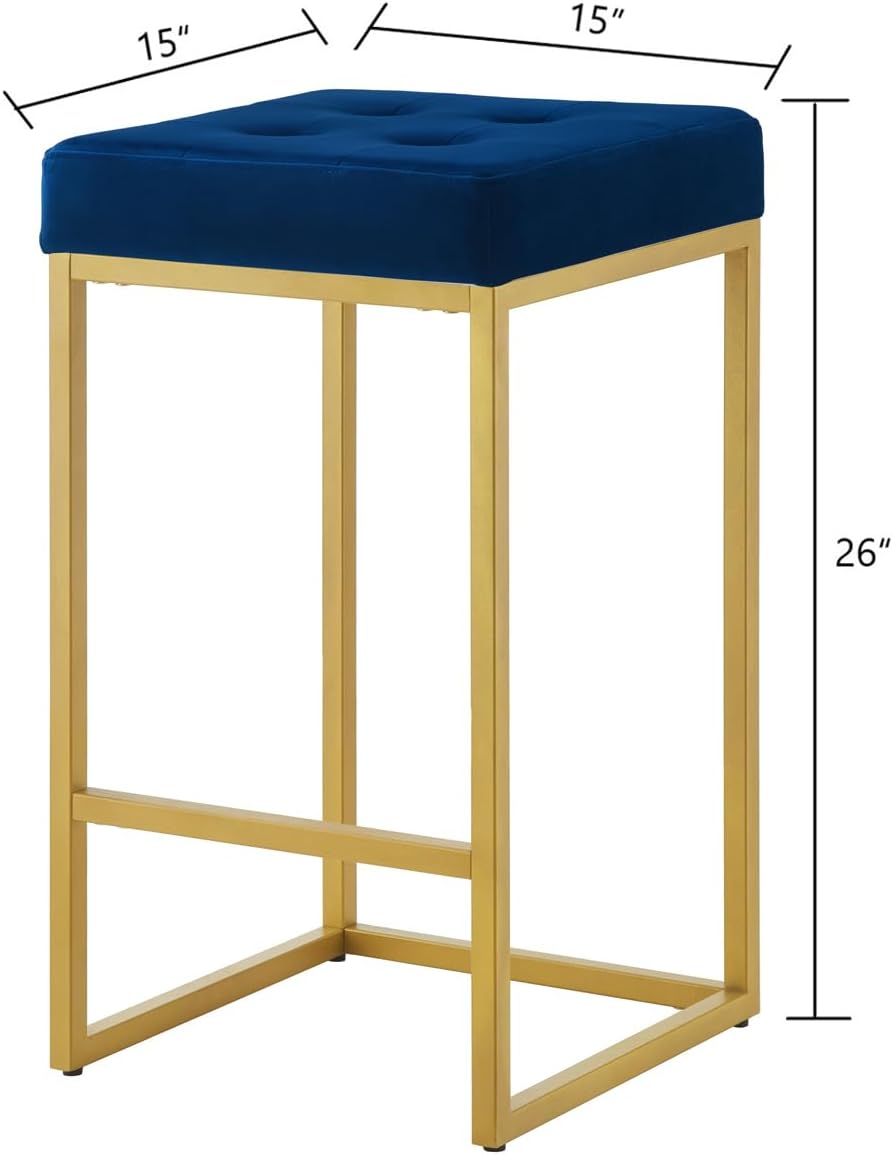 24KF Contemporary Counter Height Bar Stool Set of 2 for Kitchen Island, 26" H Velvet Padded Gold Barstool Bar Chair,5066-Navy